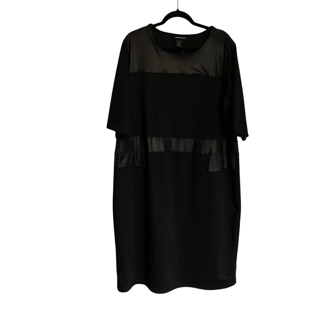 Ashley Stewart Black Short Sleeve Shift Dress with Faux Leather Trim